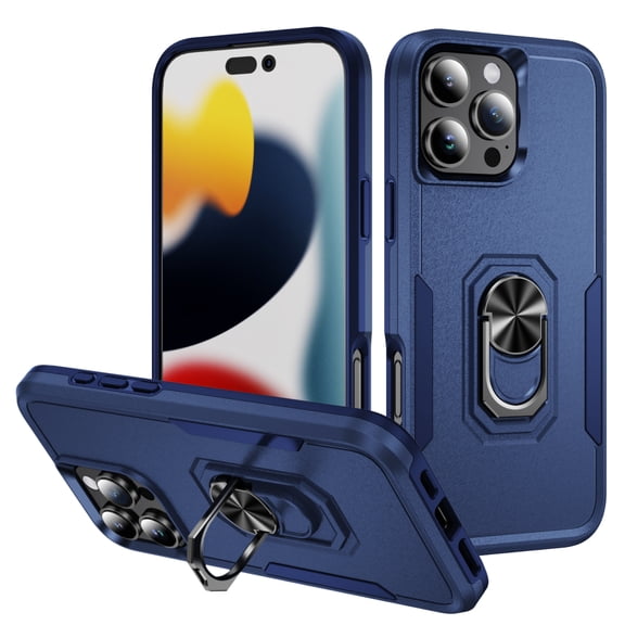 ELEHOLD Case for iPhone 16 Pro, Heavy Duty Shockproof Full Body Case with Built in Metal Ring Holder Kickstand + Screen Protector,E