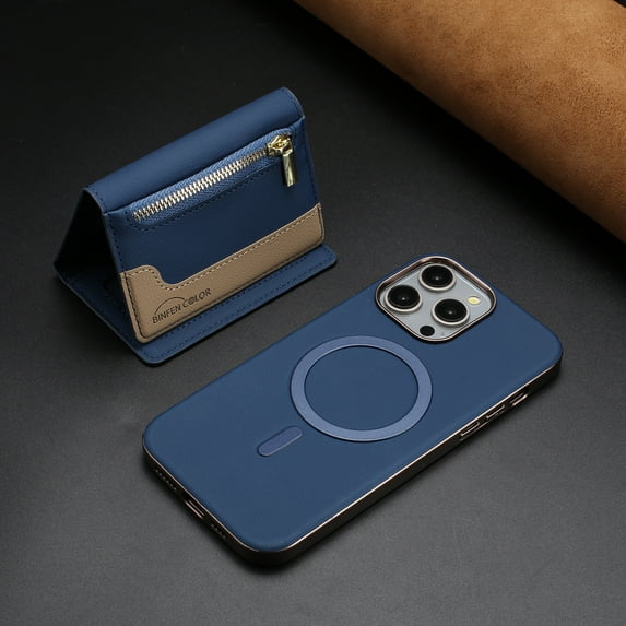 ELEHOLD Case for iPhone 16 Pro Max, 2-in-1 Detachable Magnetic Zipper Leather Wallet Case with Card Holder, RFID Blocking Folio Flip Cover,Darkblue