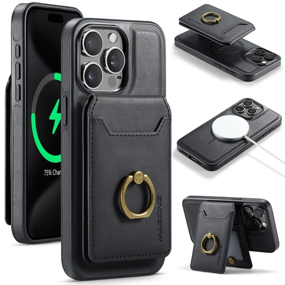 ELEHOLD Case for iPhone 16 Pro Max, Detachable RFID Magnetic Wallet Case with Ring Stand & Card Holder,Black