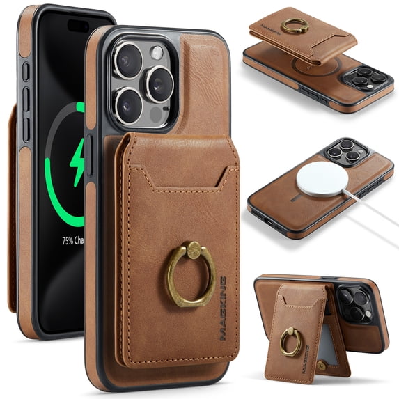 ELEHOLD Case for iPhone 16 Pro Max, Detachable RFID Magnetic Wallet Case with Ring Stand & Card Holder,Brown