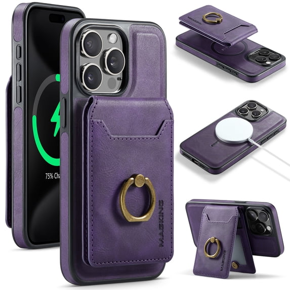 ELEHOLD Case for iPhone 16 Pro Max, Detachable RFID Magnetic Wallet Case with Ring Stand & Card Holder,Purple