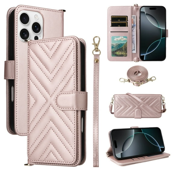 ELEHOLD Case for iPhone 16 Pro Max, Heavy Duty Crossbody Leather Flip Wallet Case with Card Holder & Wrist Strap,Pink