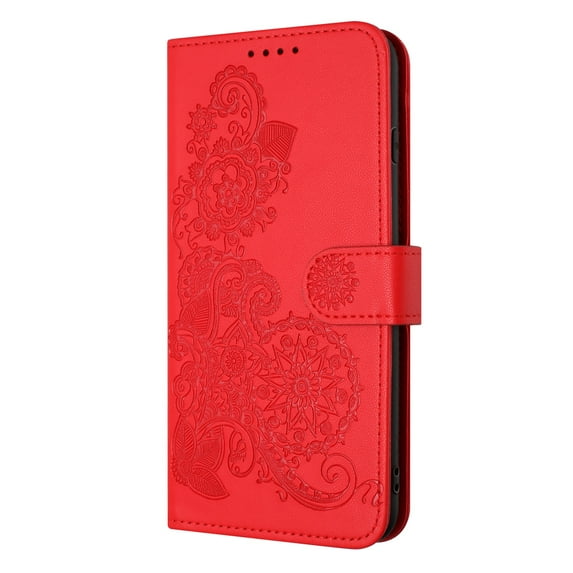 ELEHOLD Case for iPhone 16 Pro Max, Luxury Floral PU Leather Wallet Case with Card Holder Stand & Wrist Strap,Red