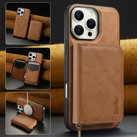 ELEHOLD Case for iPhone 16 Pro Max, Magnetic 2 in 1 Detachable Zipper Wallet Case with Card Holder,Brown