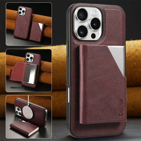 ELEHOLD Case for iPhone 16 Pro Max, Magnetic Detachable Leather Alloy Wallet Case with Card Slots,Winered