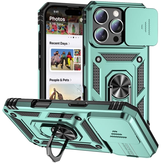 ELEHOLD Case for iPhone 16 Pro Max, Military Grade Heavy Duty Protection Case with Slide Camera Cover & Rotated Ring Kickstand,Darkgreen