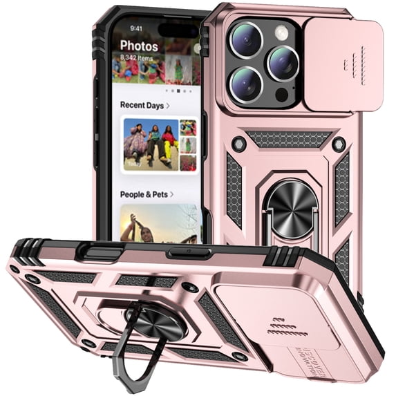 ELEHOLD Case for iPhone 16 Pro Max, Military Grade Heavy Duty Protection Case with Slide Camera Cover & Rotated Ring Kickstand,Rosegold