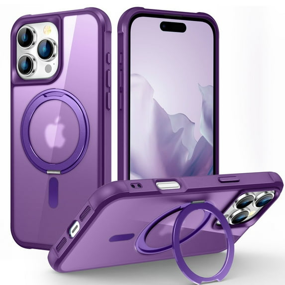 ELEHOLD Case for iPhone 16 Pro Max, Military Grade Protection Translucent Matte Case with 360° Rotatable Magnetic Ring Stand,Purple