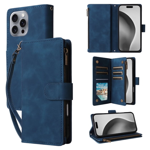 ELEHOLD Case for iPhone 16 Pro Max, PU Leather Zipper Wallet Flip Folio Case with Card Holder & Wrist Strap & Stand,Blue