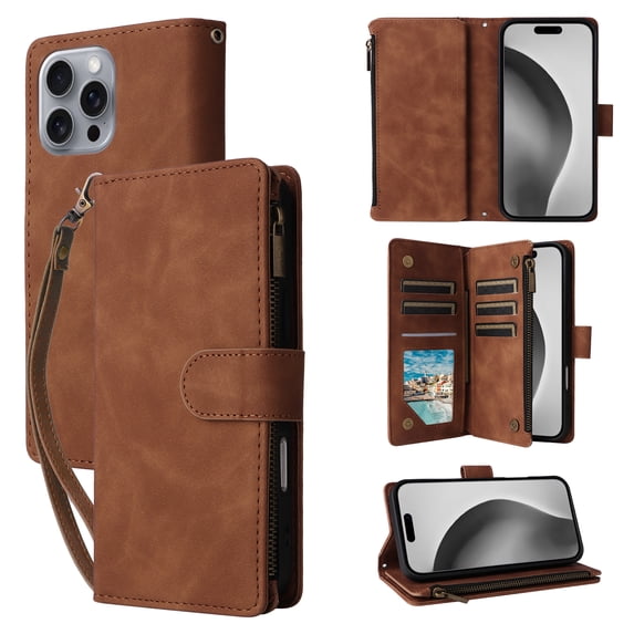 ELEHOLD Case for iPhone 16 Pro Max, PU Leather Zipper Wallet Flip Folio Case with Card Holder & Wrist Strap & Stand,Brown
