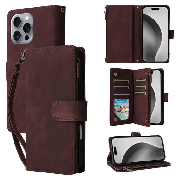 ELEHOLD Case for iPhone 16 Pro Max, PU Leather Zipper Wallet Flip Folio Case with Card Holder & Wrist Strap & Stand,Coffee