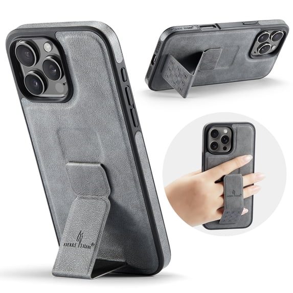 ELEHOLD Case for iPhone 16 Pro Max, Premium Leather Case with Kickstand and Grip Strap,Gray