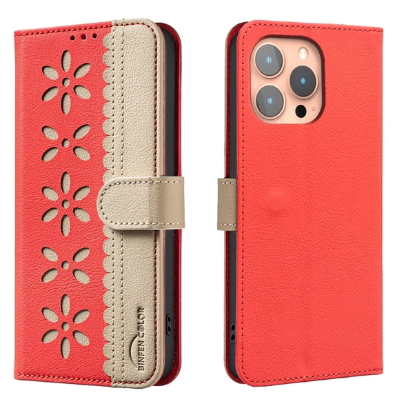 ELEHOLD Case for iPhone 16 Pro Max, RFID Blocking Wallet Phone Case with Kickstand, Flip Leather Cover with Card Slots,Red
