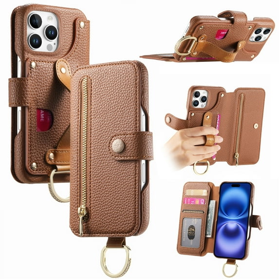 ELEHOLD Case for iPhone 16 Pro Max, RFID Blocking Zipper Leather Wallet Stand Case with Card Slot & Wrist Strap & Ring Holder,Brown