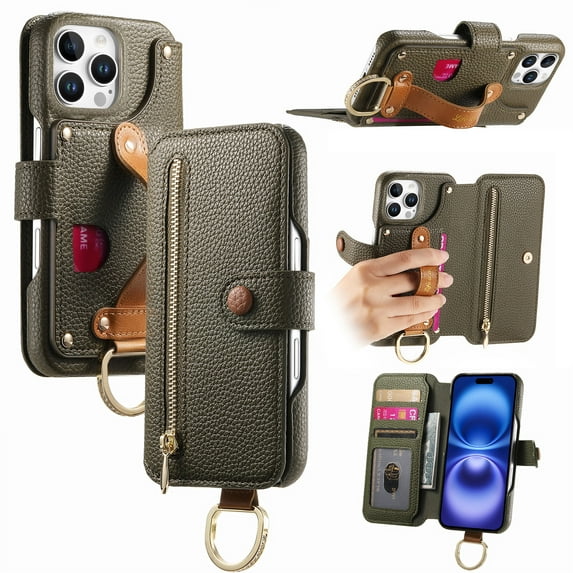 ELEHOLD Case for iPhone 16 Pro Max, RFID Blocking Zipper Leather Wallet Stand Case with Card Slot & Wrist Strap & Ring Holder,Midnightgreen