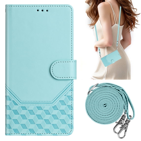ELEHOLD Case for iPhone 16 Pro Max, RFID Leather Wallet Stand Case with Long Shoulder & Wrist Strap,Wireless Charging,Mint