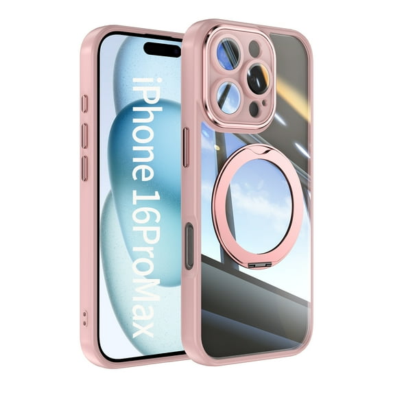 ELEHOLD Case for iPhone 16 Pro Max, Shockproof Anti-Scratch Full Camera Protector Case with 360° Ring Holder Stand,Pink