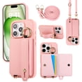 thumbnail image 1 of ELEHOLD Case for iPhone 16 Pro Max, Shockproof PU Leather Crossbody Wallet Case with Wrist Strap & Kickstand & Card Holder,Pink, 1 of 8