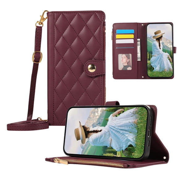 ELEHOLD Case for iPhone 16 Pro Max, Shockproof PU Leather Zipper Wallet Case with Card Holder & Crossbody Lanyard & Wrist Strap,Winered