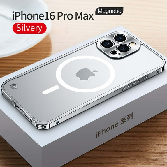ELEHOLD Case for iPhone 16 Pro Max, Slim Matte Metal Frame Magnetic Case with Camera Lens Protection,Silver