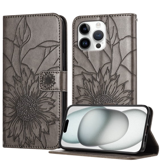 ELEHOLD Case for iPhone 16 Pro Max, Sunflower Embossed Leather Wallet Case with Magnetic Closure & Kickstand,Gray