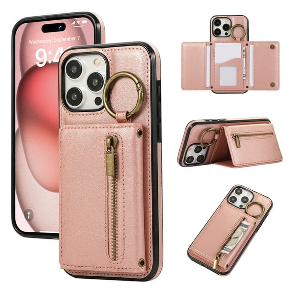 ELEHOLD Case for iPhone 16 Pro Max, Zipper Leather Wallet Crossbody Case with Detachable Ring Kickstand & Card Slots,Rosegold