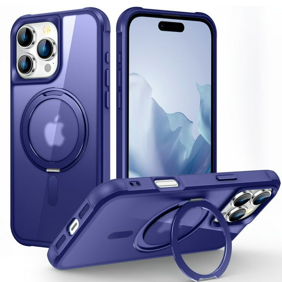 ELEHOLD Case for iPhone 16 Pro, Military Grade Protection Translucent Matte Case with 360° Rotatable Magnetic Ring Stand,Darkblue