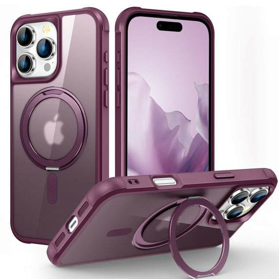 ELEHOLD Case for iPhone 16 Pro, Military Grade Protection Translucent Matte Case with 360° Rotatable Magnetic Ring Stand,Winered