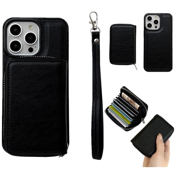 ELEHOLD Case for iPhone 16 Pro, PU Leather Zipper Detachable Wallet Case with Card Holder & Strap, Compatible with MagSafe Accessories,Black