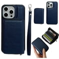 thumbnail image 1 of ELEHOLD Case for iPhone 16 Pro, PU Leather Zipper Detachable Wallet Case with Card Holder & Strap, Compatible with MagSafe Accessories,Blue, 1 of 5