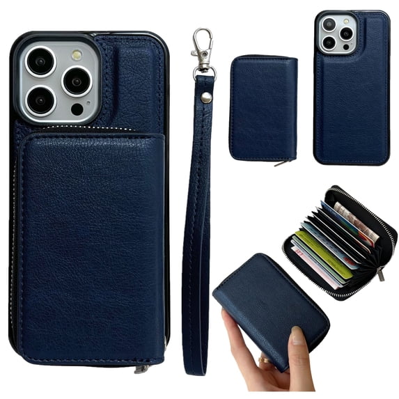 ELEHOLD Case for iPhone 16 Pro, PU Leather Zipper Detachable Wallet Case with Card Holder & Strap, Compatible with MagSafe Accessories,Blue