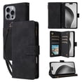 thumbnail image 1 of ELEHOLD Case for iPhone 16 Pro, PU Leather Zipper Wallet Flip Folio Case with Card Holder & Wrist Strap & Stand,Black, 1 of 6