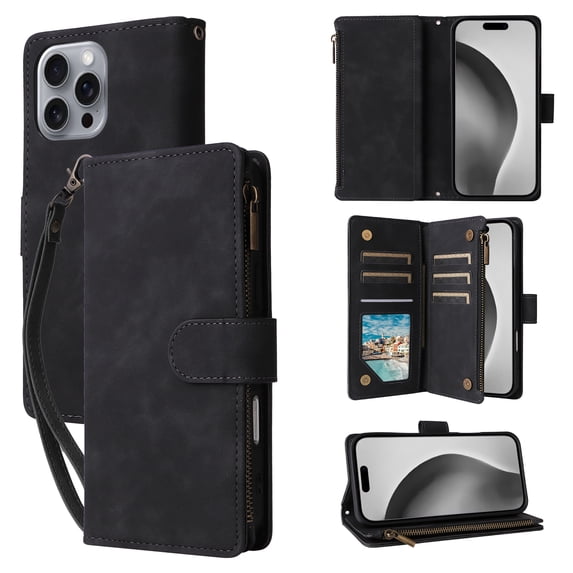 ELEHOLD Case for iPhone 16 Pro, PU Leather Zipper Wallet Flip Folio Case with Card Holder & Wrist Strap & Stand,Black