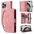 thumbnail image 1 of ELEHOLD Case for iPhone 16 Pro, PU Leather Zipper Wallet Flip Folio Case with Card Holder & Wrist Strap & Stand,Pink, 1 of 6