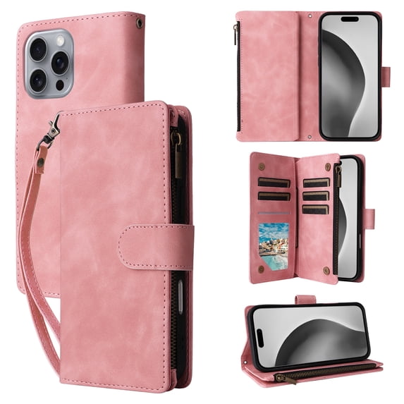 ELEHOLD Case for iPhone 16 Pro, PU Leather Zipper Wallet Flip Folio Case with Card Holder & Wrist Strap & Stand,Pink