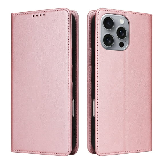 ELEHOLD Case for iPhone 16 Pro, RFID Blocking Wallet Phone Case, Shockproof Leather Cover with Kickstand, Magnetic Closure,Rosegold