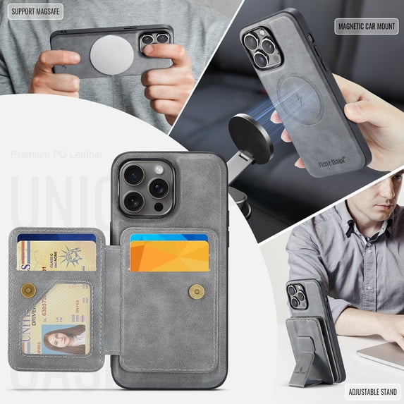 ELEHOLD Case for iPhone 16 Pro, Shockproof Magnetic Leather Wallet Case with Hand Grip & Kickstand & RFID Blocking,Gray