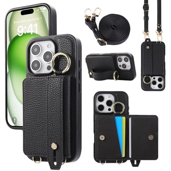 ELEHOLD Case for iPhone 16 Pro, Shockproof PU Leather Crossbody Wallet Case with Wrist Strap & Kickstand & Card Holder,Black