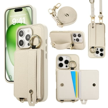 ELEHOLD Case for iPhone 16 Pro, Shockproof PU Leather Crossbody Wallet Case with Wrist Strap & Kickstand & Card Holder,White