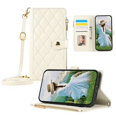 ELEHOLD Case for iPhone 16 Pro, Shockproof PU Leather Zipper Wallet Case with Card Holder & Crossbody Lanyard & Wrist Strap,Beige