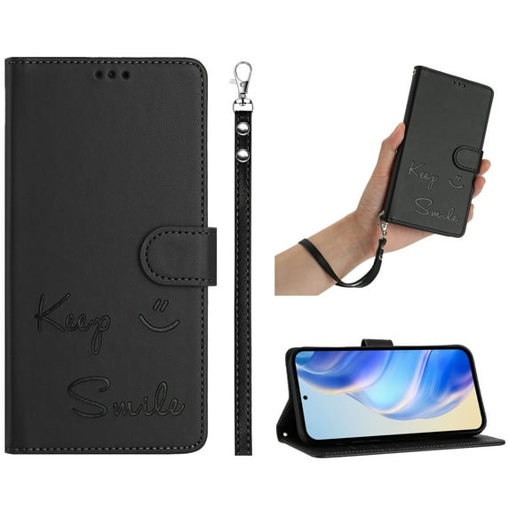 ELEHOLD Case for iPhone 16, RFID Blocking Wallet Case with Crossbody Strap & Wristlet, PU Leather Flip Cover with Kickstand & Card Slots,Black