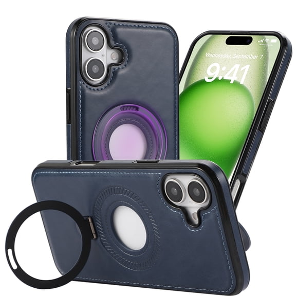 ELEHOLD Case for iPhone 16, Shockproof Magnetic Leather Phone Case with Invisible Stand for Men Women,Blue