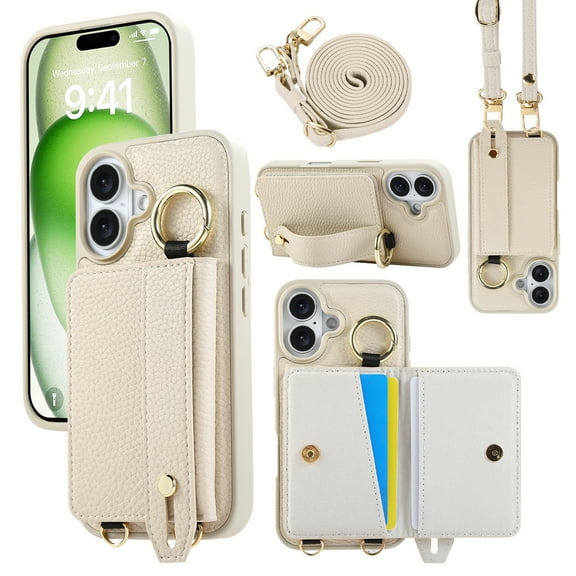 ELEHOLD Case for iPhone 16, Shockproof PU Leather Crossbody Wallet Case with Wrist Strap & Kickstand & Card Holder,White