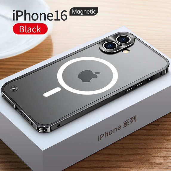 ELEHOLD Case for iPhone 16, Slim Matte Metal Frame Magnetic Case with Camera Lens Protection,Black