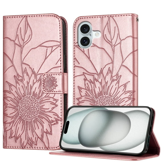ELEHOLD Case for iPhone 16, Sunflower Embossed Leather Wallet Case with Magnetic Closure & Kickstand,Rosegold