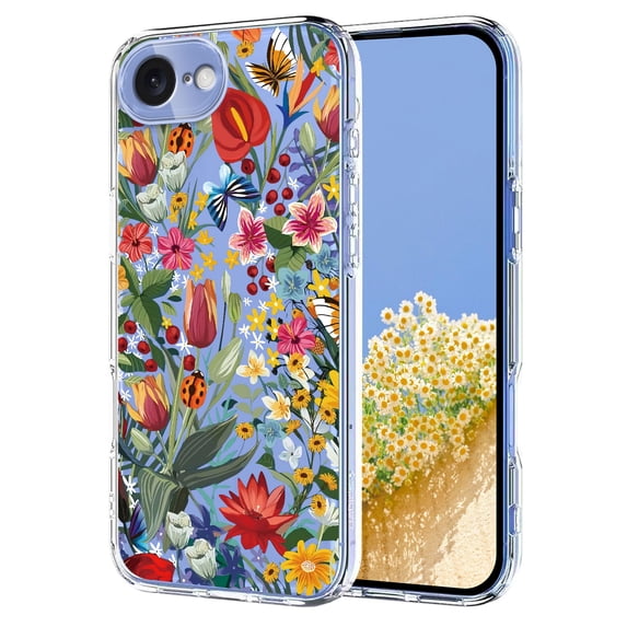 ELEHOLD Case for iPhone 16e/17e, Floral Clear Shockproof TPU Case, Raised Edge Screen/Camera Protection,D
