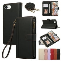 ELEHOLD Case for iPhone 16e, Crossbody Shockproof Leather Wallet Phone Case with Kickstand and Hand Strap,Black