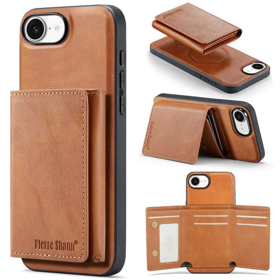 ELEHOLD Case for iPhone 16e, Faux Leather TPU Back Shockproof Anti-Scratch Flip Stand Magnetic Datachable Card Cash Slots Wallet Case, Brown