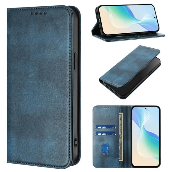ELEHOLD Case for iPhone 16e, RFID Vintage Wallet Phone Case, Magnetic Closure Leather Cover Built-in Stand,Blue