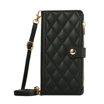 ELEHOLD Case for iPhone 16e, Shockproof Zipper Leather Wallet Phone Case with Shoulder & Wrist Strap,Black